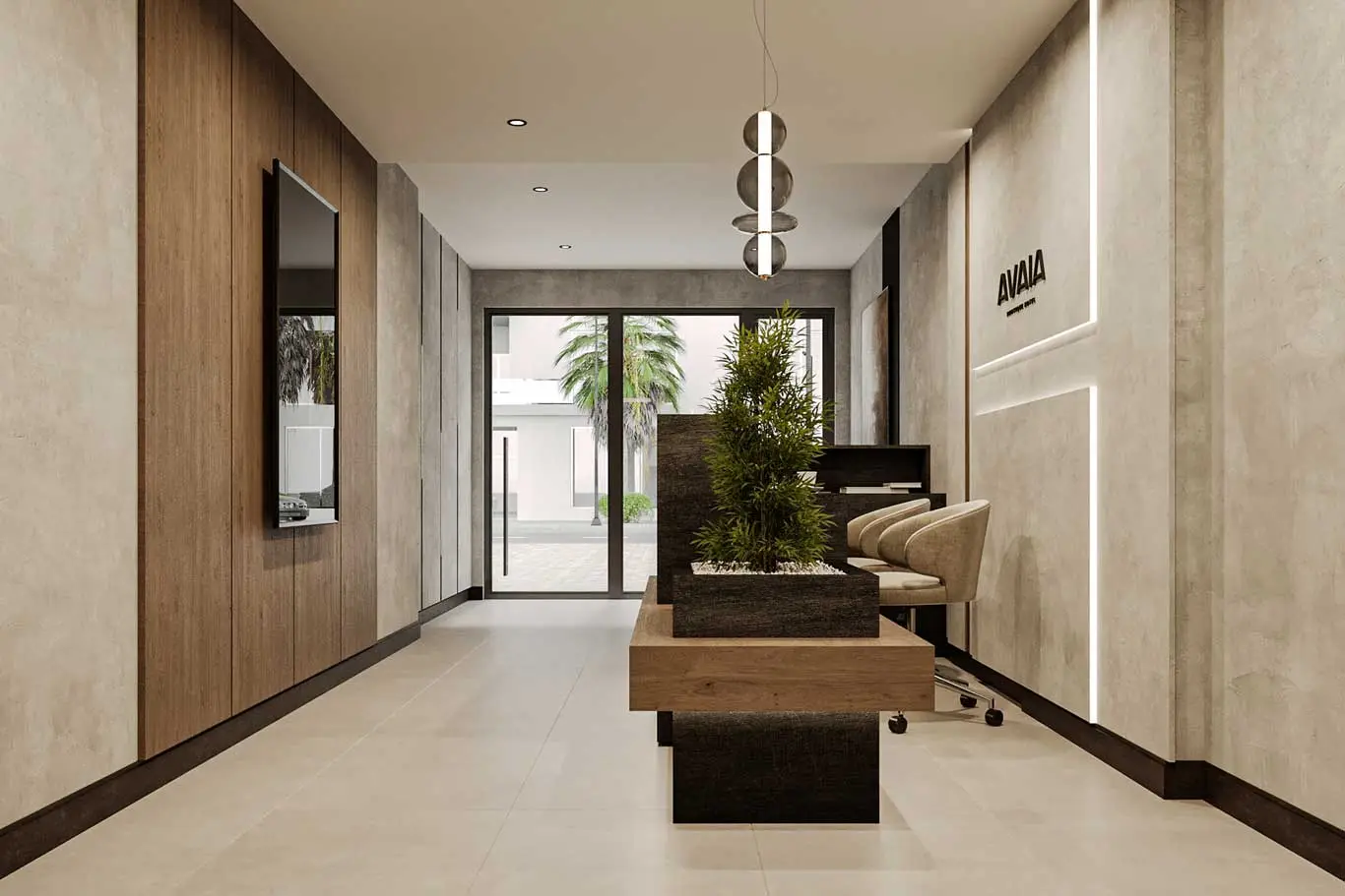 AVAIA Boutique Hotel Lobby Interior with minimalist design, reception desk, and indoor plants.