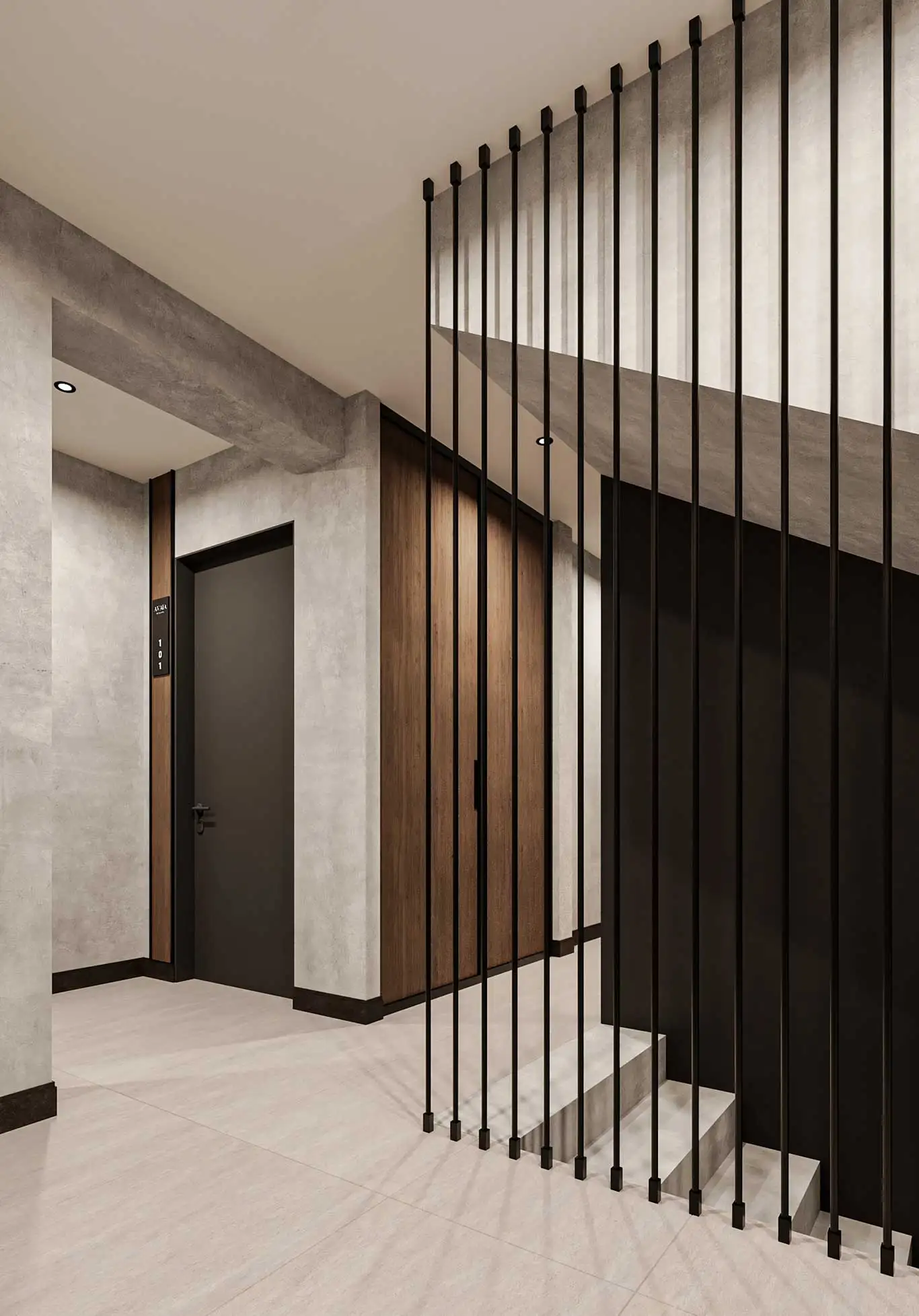 Staircase with vertical black metal railings and concrete walls