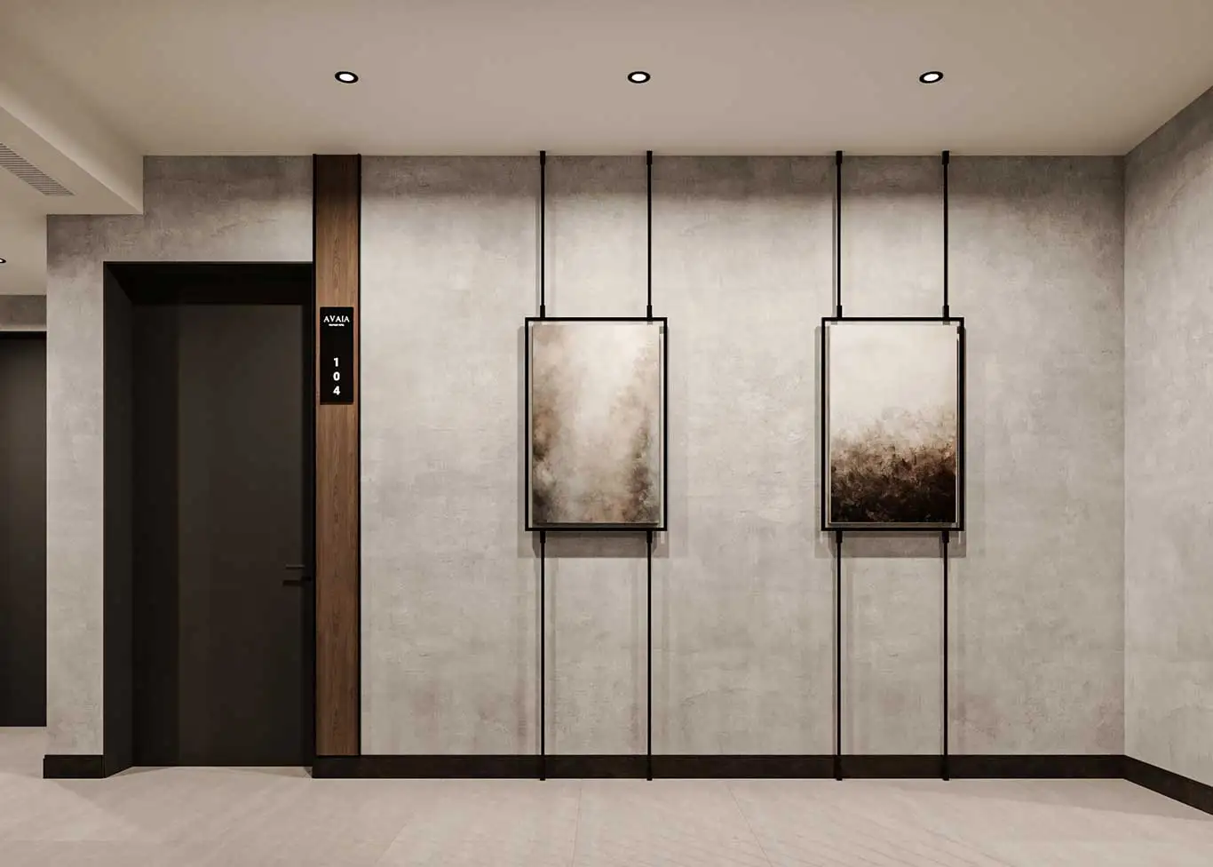 Hallway wall with two framed artworks and vertical supports
