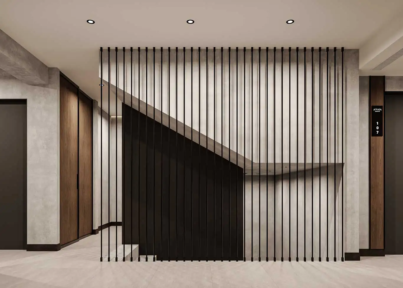 Staircase behind vertical black divider bars in hallway