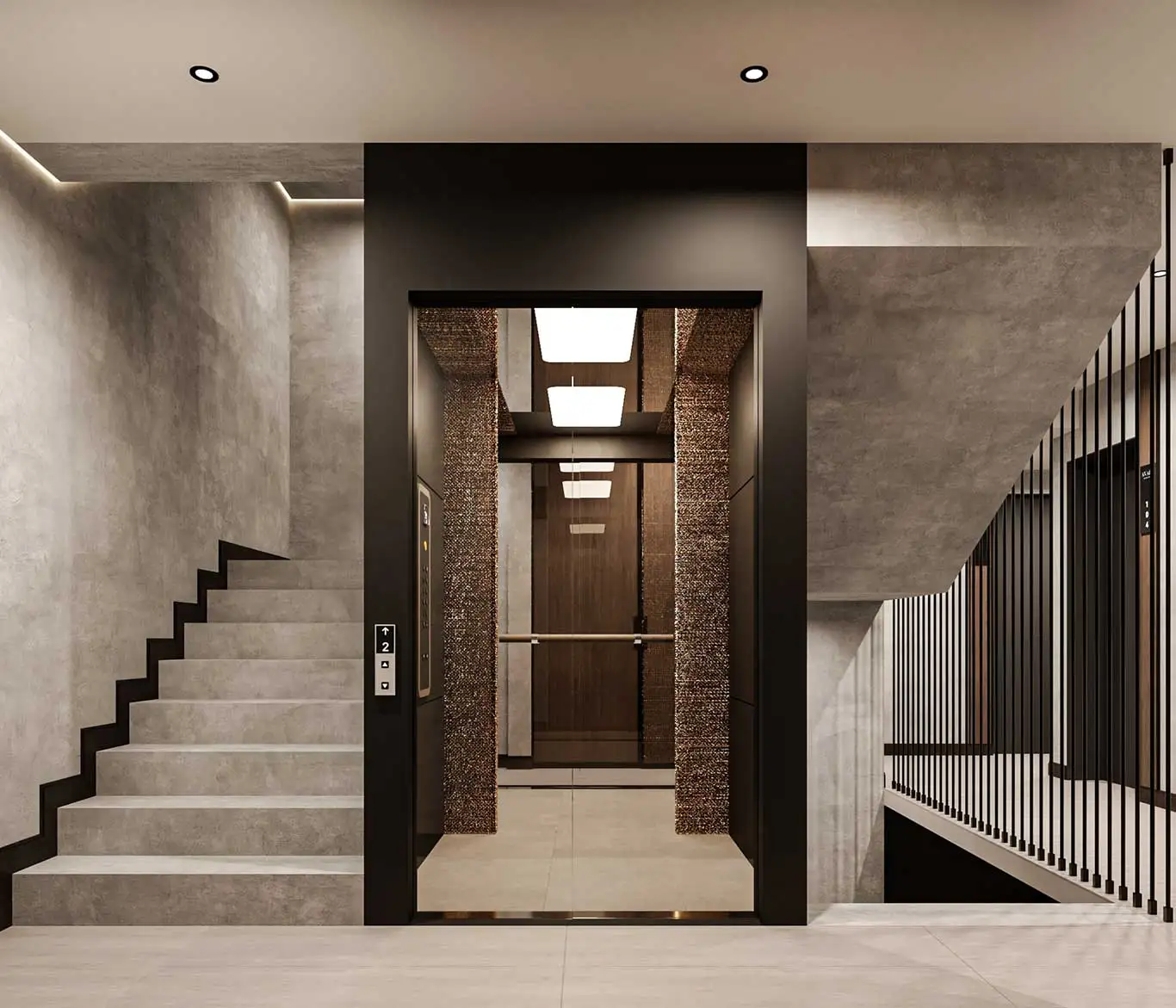Elevator entrance with glass doors next to staircase