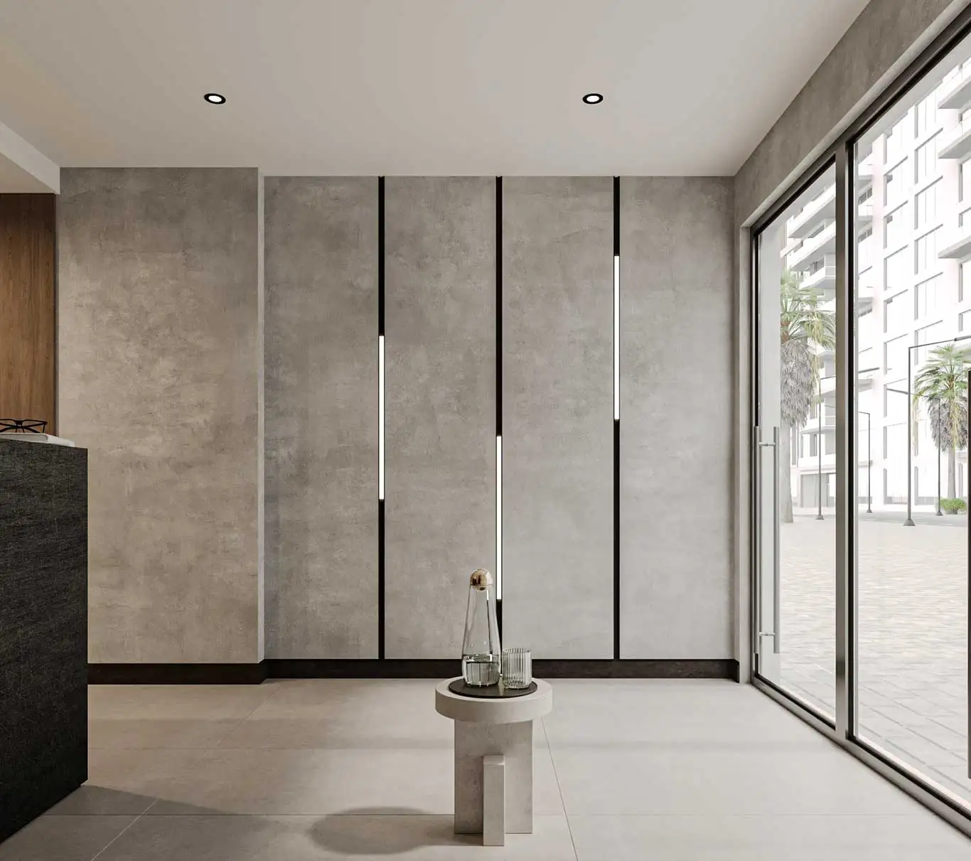 Lobby area with small table and decorative objects near wall panels