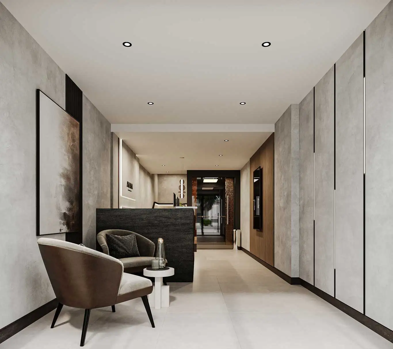 Hotel lobby with seating area, reception desk, and corridor view