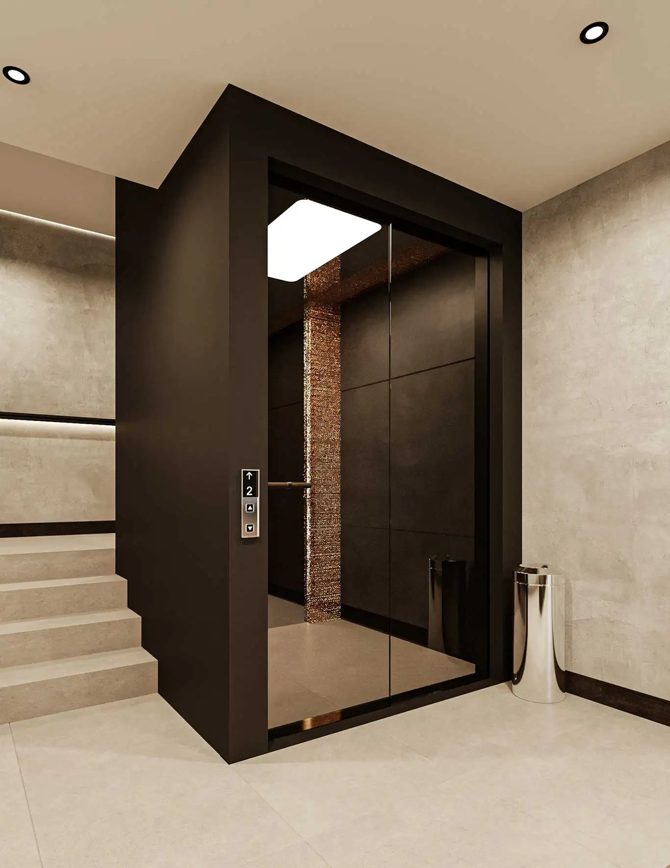 Glass elevator with visible interior lighting and control panel