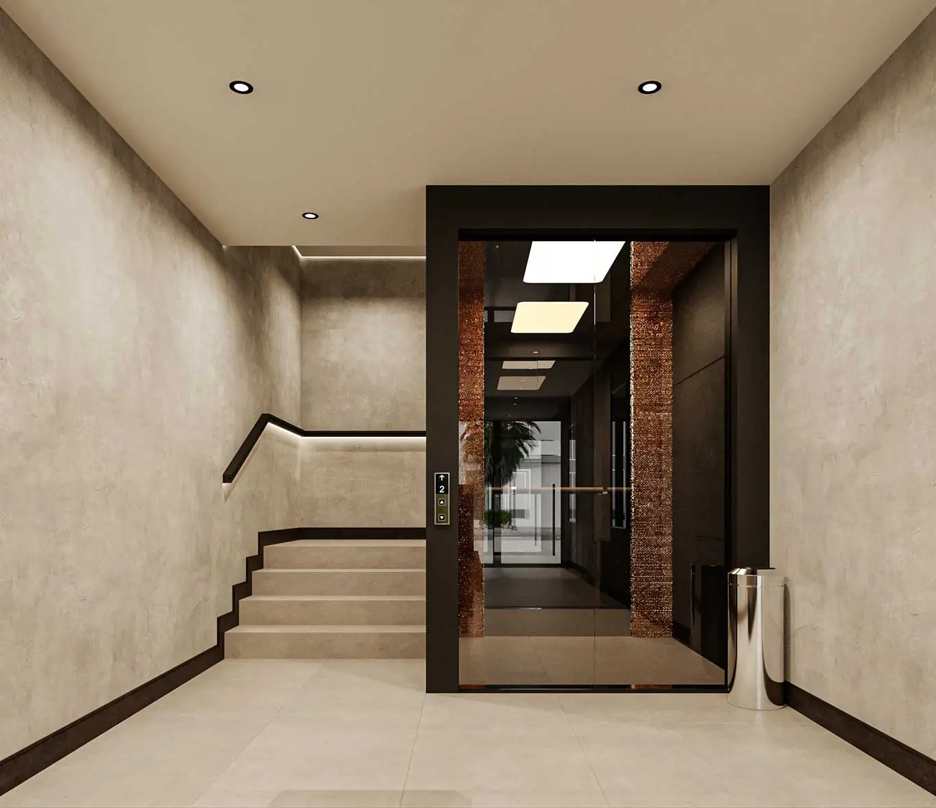 Elevator with glass doors next to staircase in hotel lobby
