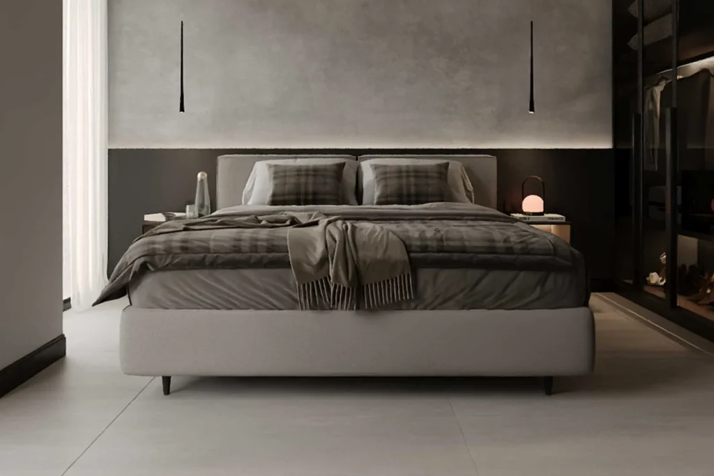 Accessible hotel room with king-size bed, minimalist design, and spacious layout for comfort and ease of movement.