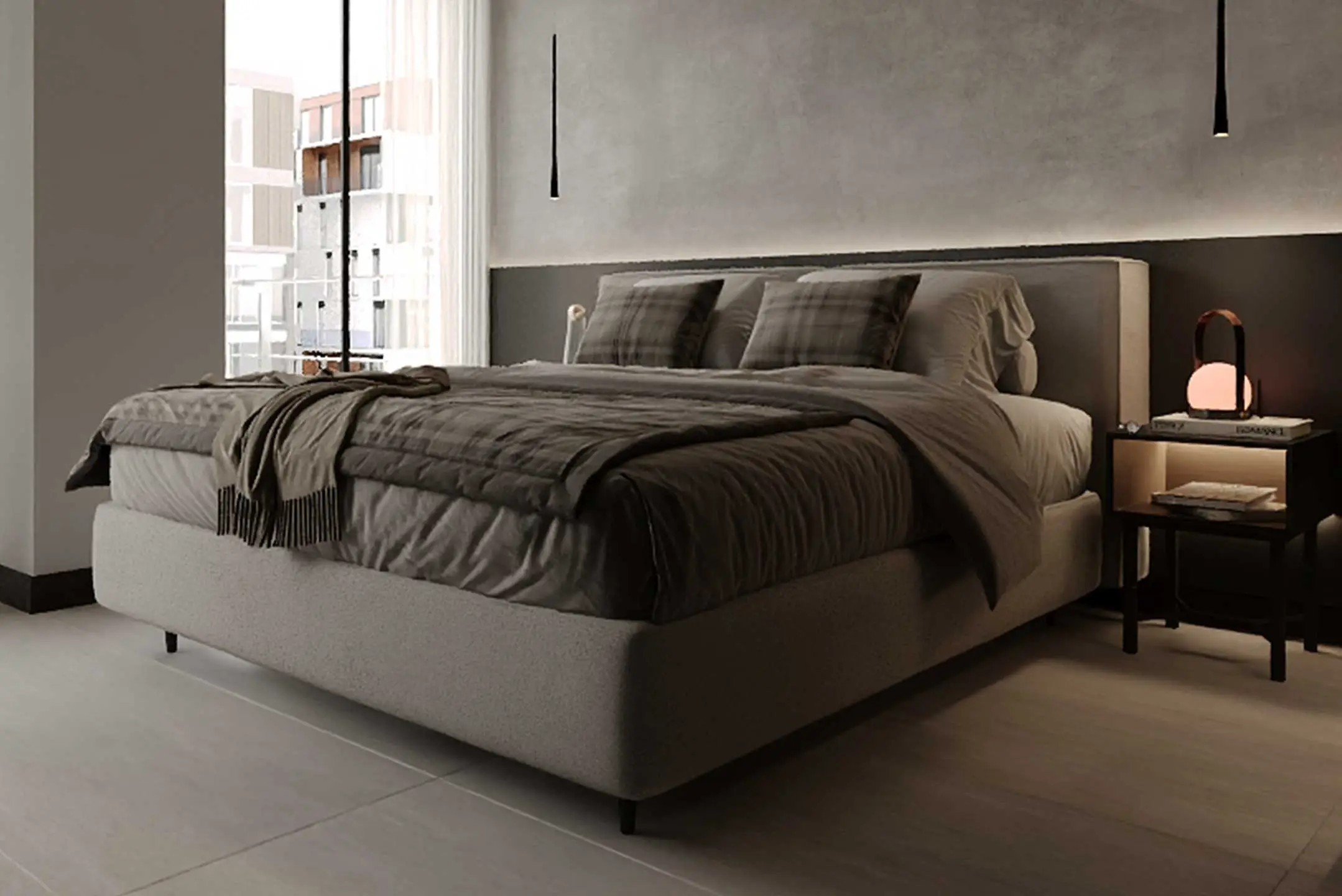 Modern hotel bedroom with king-size bed, minimalist design, soft lighting, and balcony view.