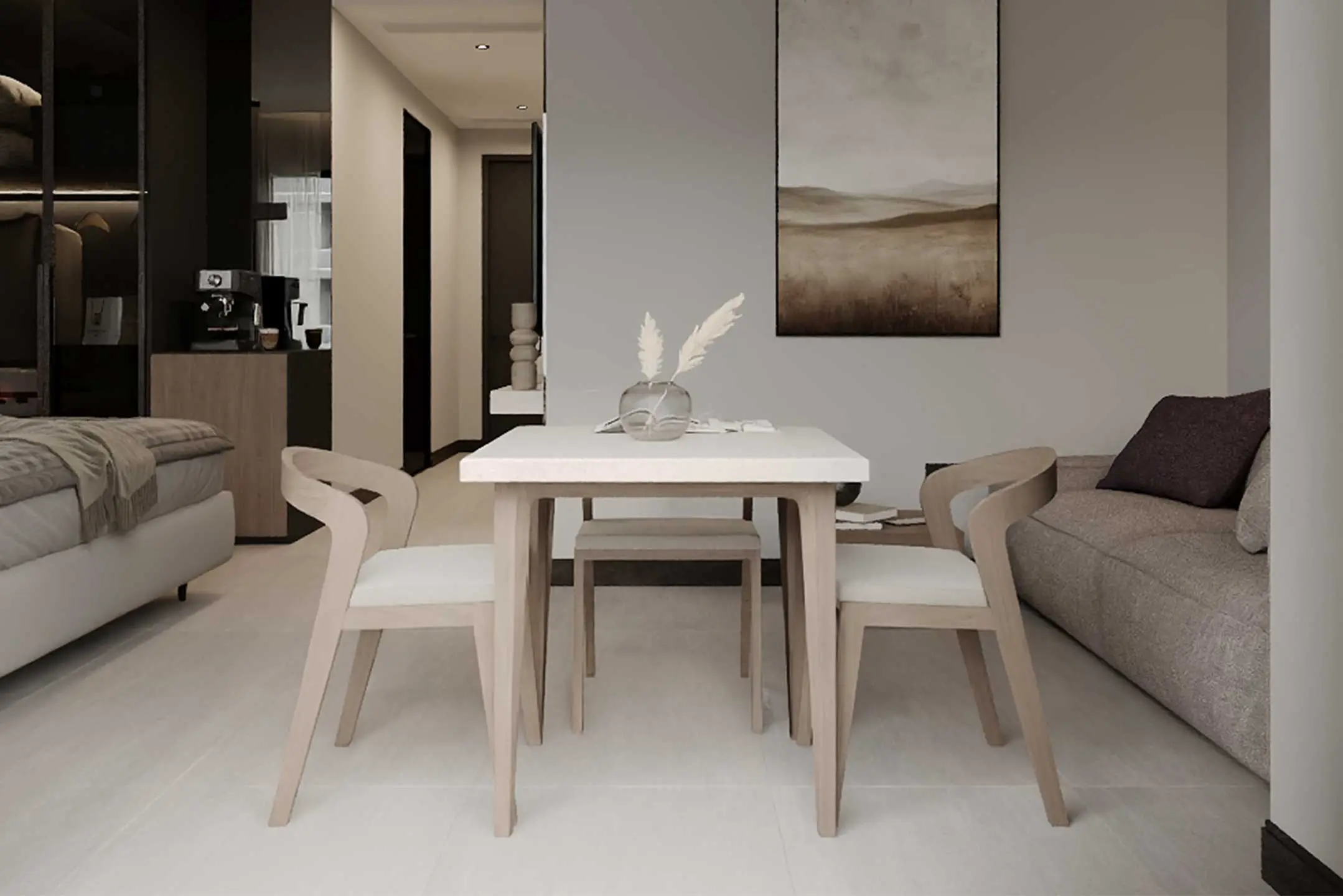 Spacious hotel suite with dining area, living space, kitchenette, and modern minimalist design.