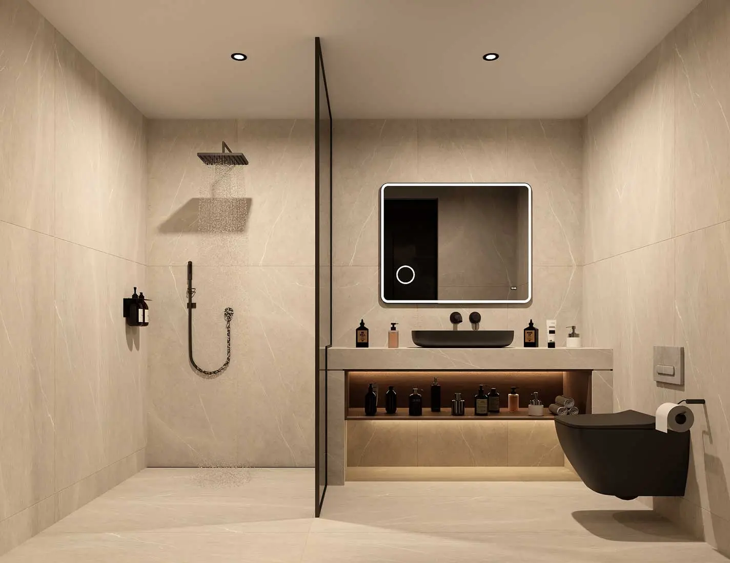 Modern luxury bathroom with walk-in shower and minimal design