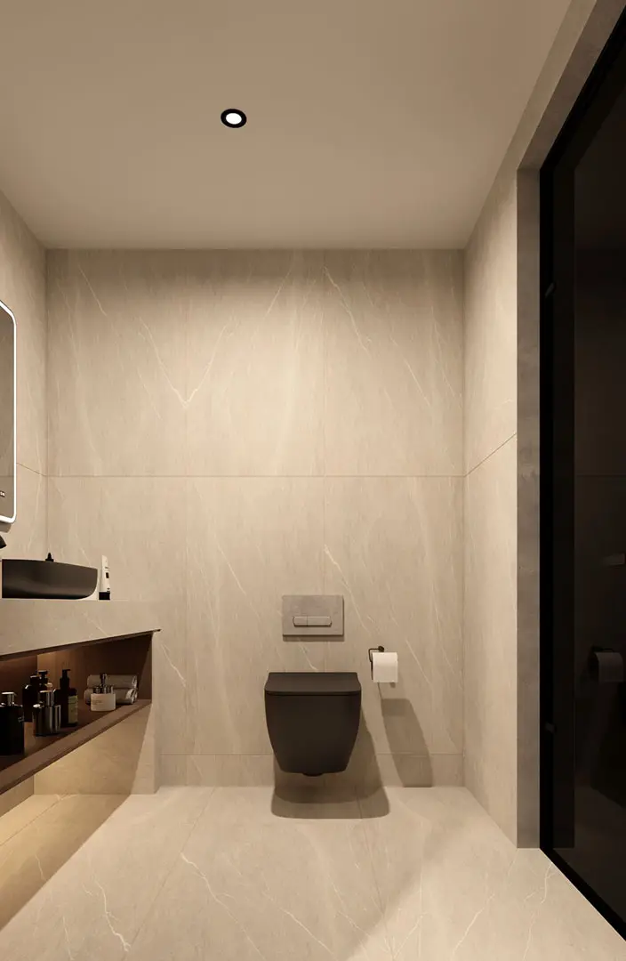 Modern bathroom vanity with sink and storage in luxury room