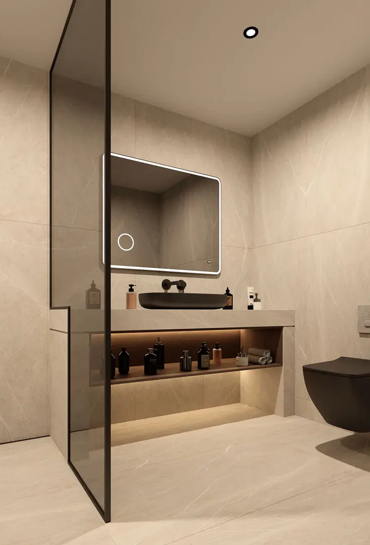 Luxury bathroom vanity with illuminated mirror and modern sink