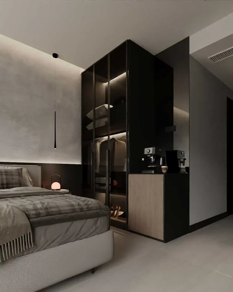 Contemporary luxury bedroom with double bed and elegant lighting