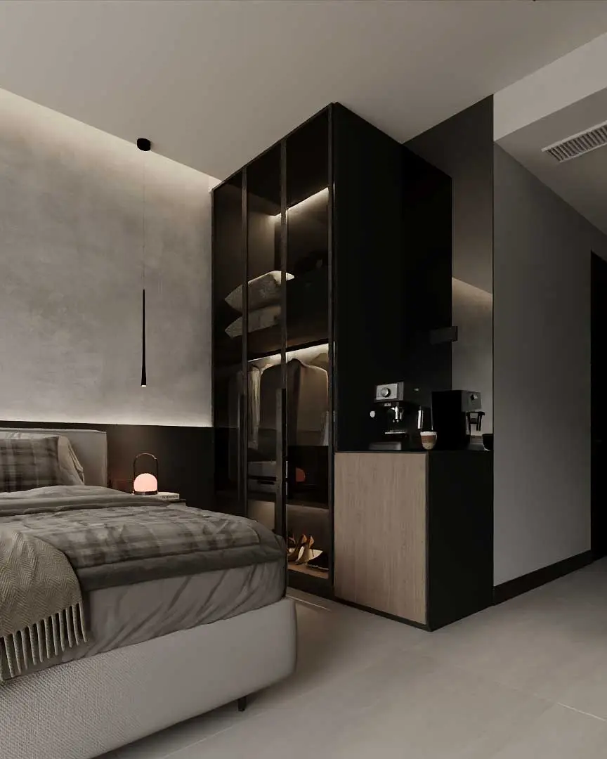 Contemporary luxury bedroom with double bed and elegant lighting