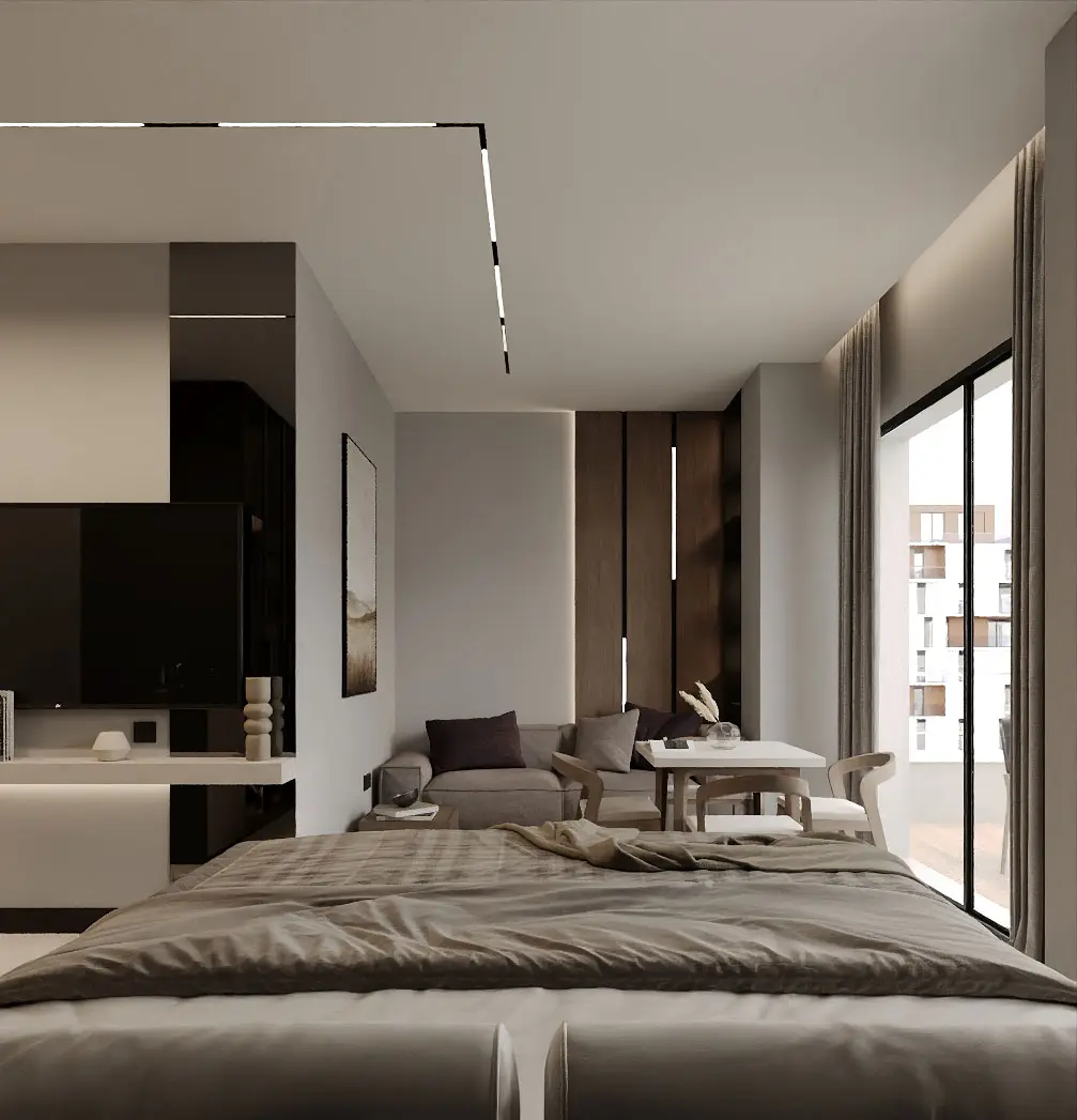 Luxury hotel room with sofa seating area and modern interior design