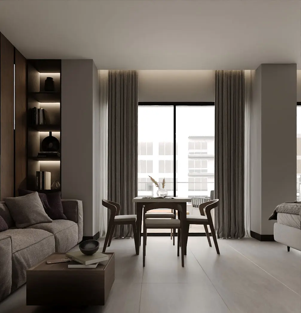 Luxury room with dining table and seating area near window