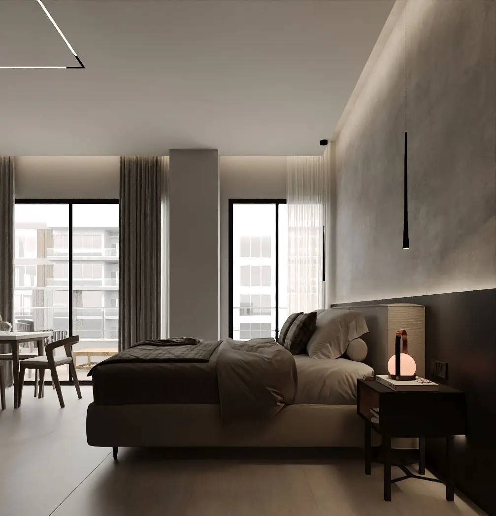 Deluxe luxury room with double bed and modern lighting
