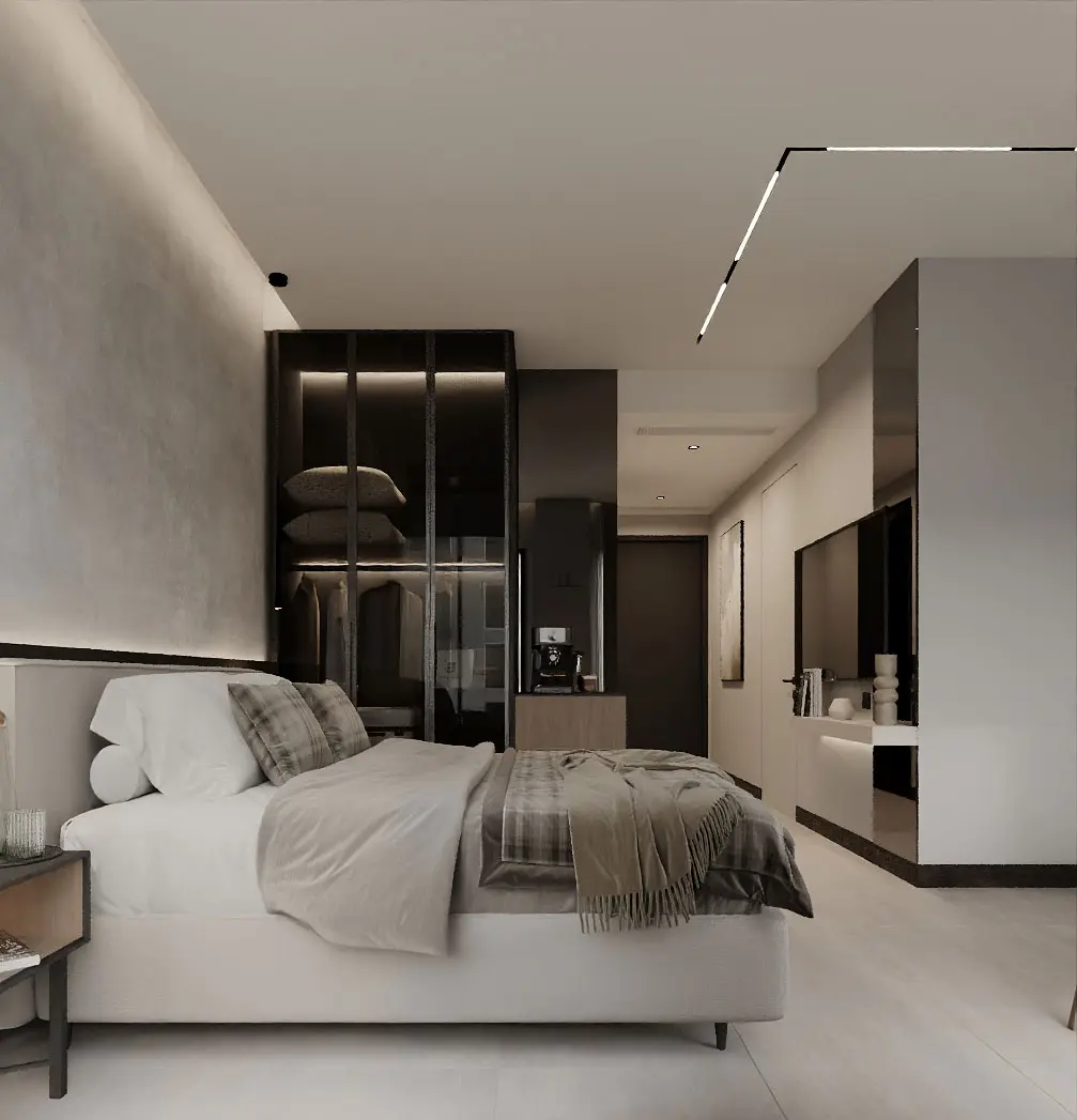 Modern luxury bedroom with double bed and minimal decor