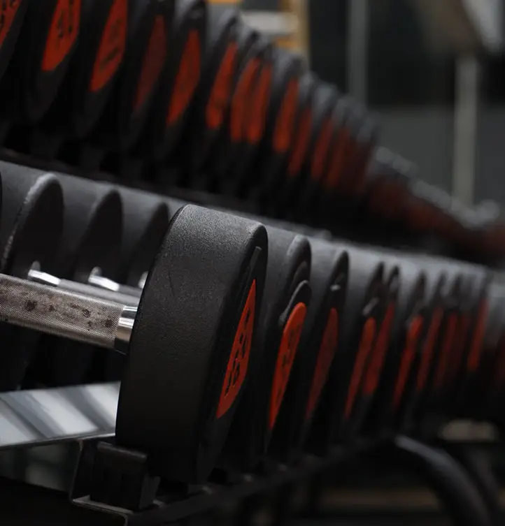 Close-up view of black and red dumbbells neatly arranged on a rack at Fitness Club Anton Gym.
