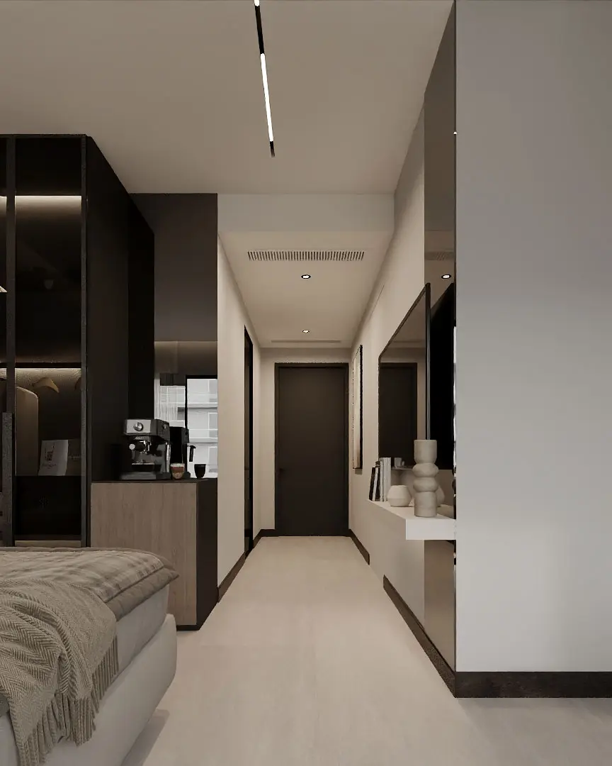 Modern hotel room entrance hallway with minimalist design