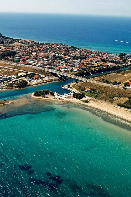 Aerial view of Nea Potidea canal connecting sea and gulf