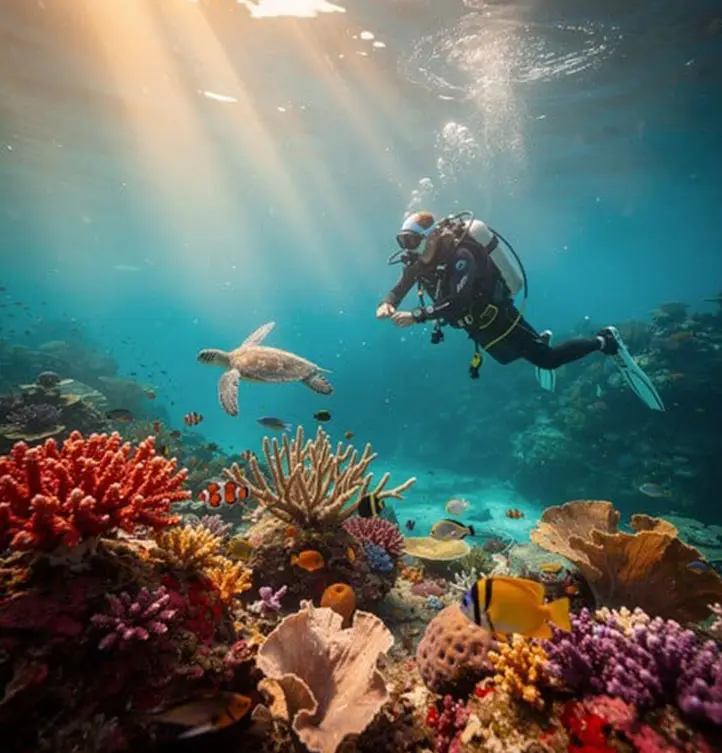 Scuba diver exploring colorful reef and marine life in Halkidiki