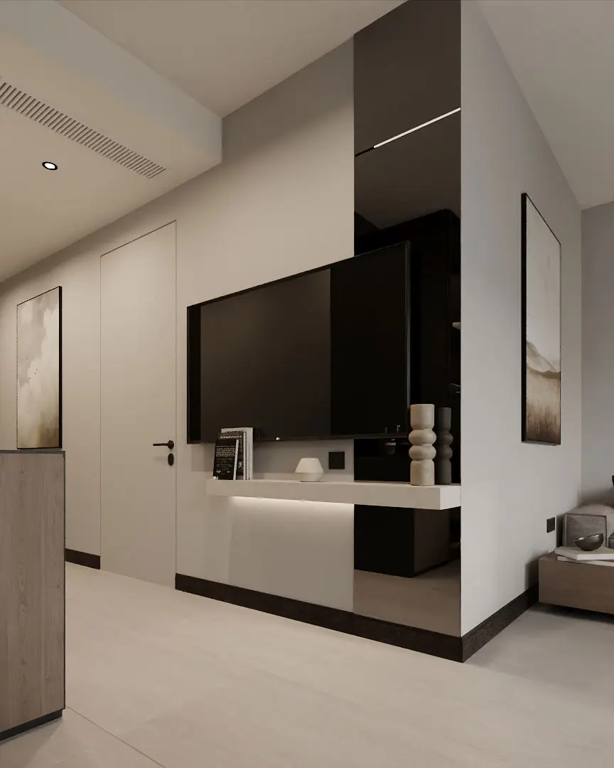 Luxury hotel room with wall-mounted smart TV and modern decor