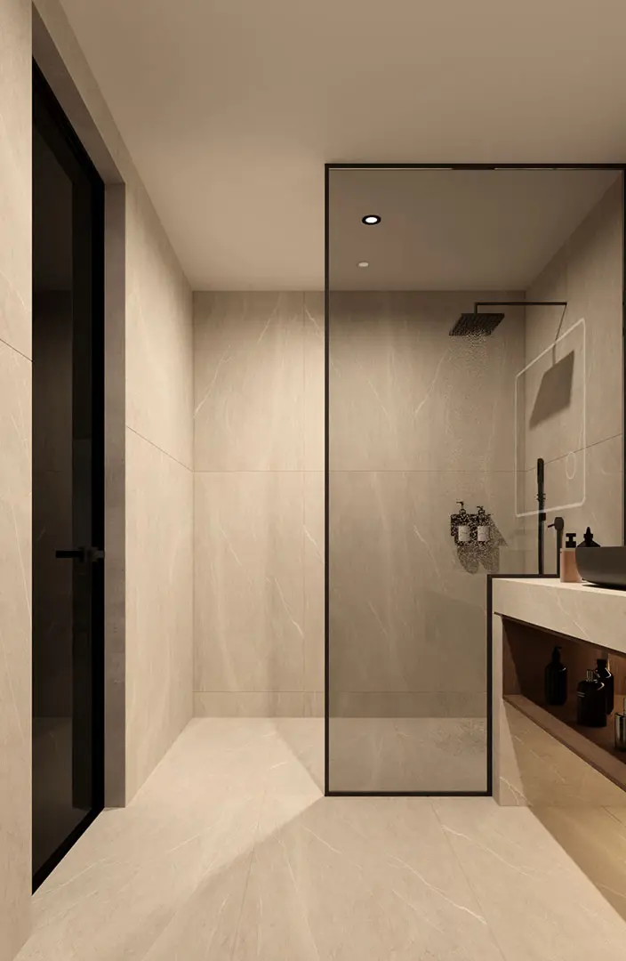 Spacious walk-in shower in modern luxury bathroom